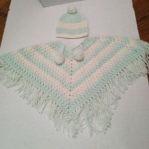 Handmade Crocheted Poncho Hat Set Mint Green White Stripped Spring Summer Vibes